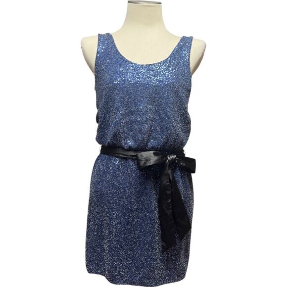 Express Sleeveless Sequin Mini Dress with Satin Sash Blue Black XS - Picture 1 of 5